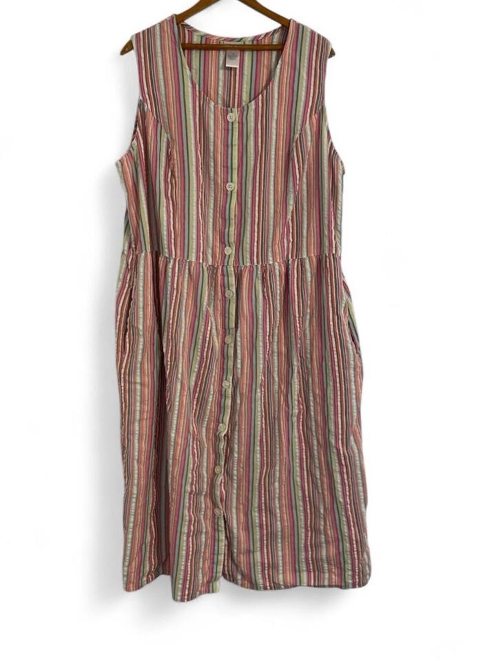 Vintage 90s 1X Pink Multicolor Stripe Cotton Midi Dress Summer Cotttagecore
